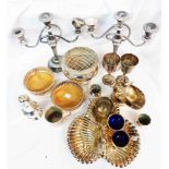 A box containing a quantity of silver plated items including hors d'oeuvres dish, wine coasters,