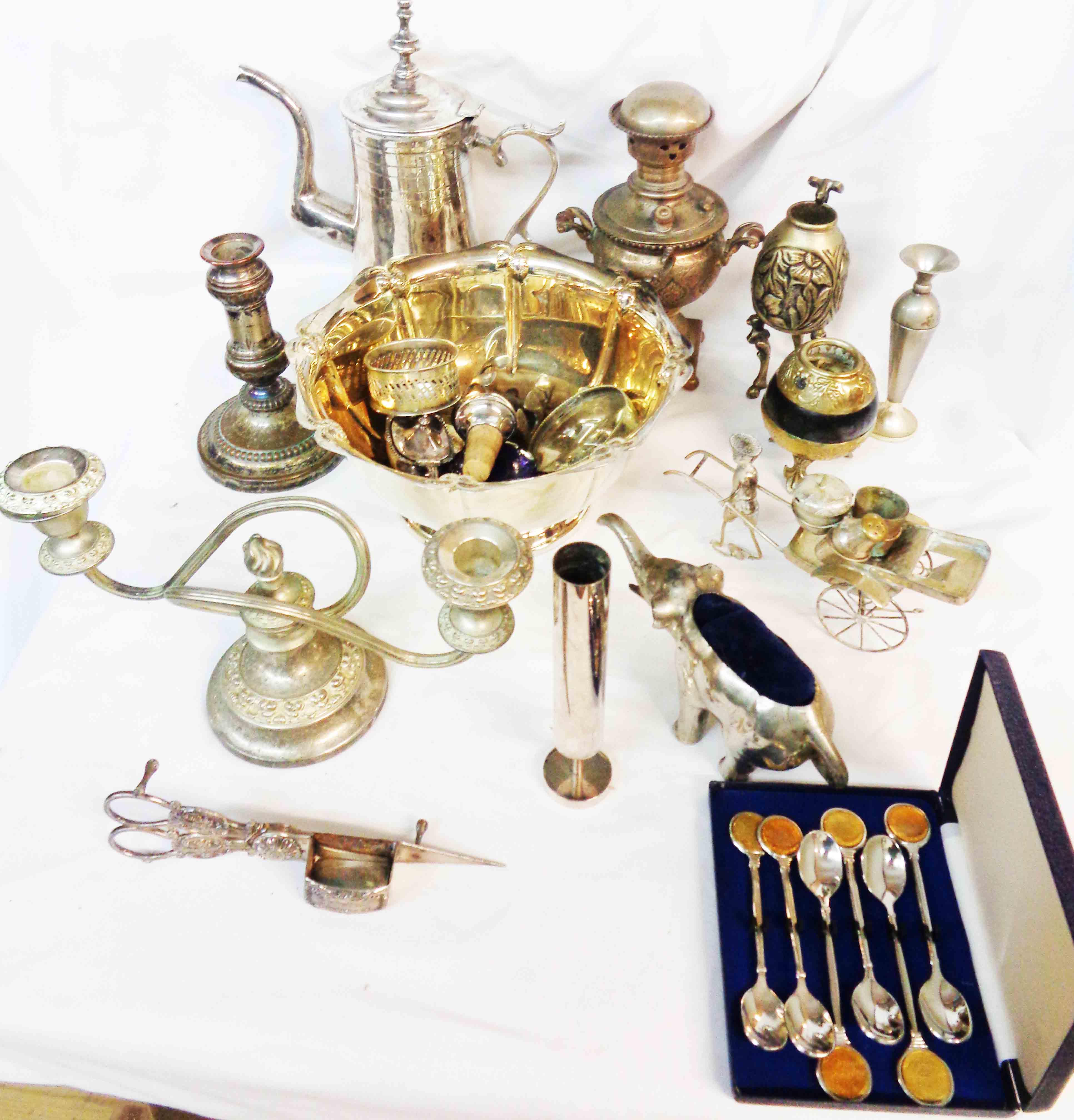 A box containing a quantity of silver plated items including Eastern coffee pot, small samovar and