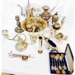 A box containing a quantity of silver plated items including Eastern coffee pot, small samovar and