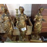 Three Victorian gilt metal figurines each depicting a classical maiden holding an object in her