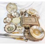 A box containing a quantity of silver plated items including entree dish, salver, rose bowl and