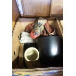 A box containing a quantity of assorted collectable items including Moira stoneware salt pig, wooden