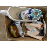 A box containing a quantity of assorted ceramic items including Staffordshire castle flatback,