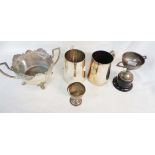 A silver egg cup (a/f), a plated trophy cup, two 1/2 Pint tankards and sugar bowl