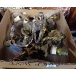 A box containing a quantity of brass and silver plated wall sconces including pair of brass Rococo