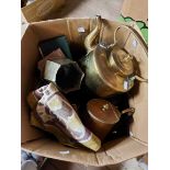 A box containing a quantity of assorted metalware and other collectable items including kettles,