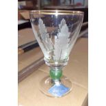 A set of six Art Deco Royal Brierley sherry glasses with etched leaf pattern and green glass