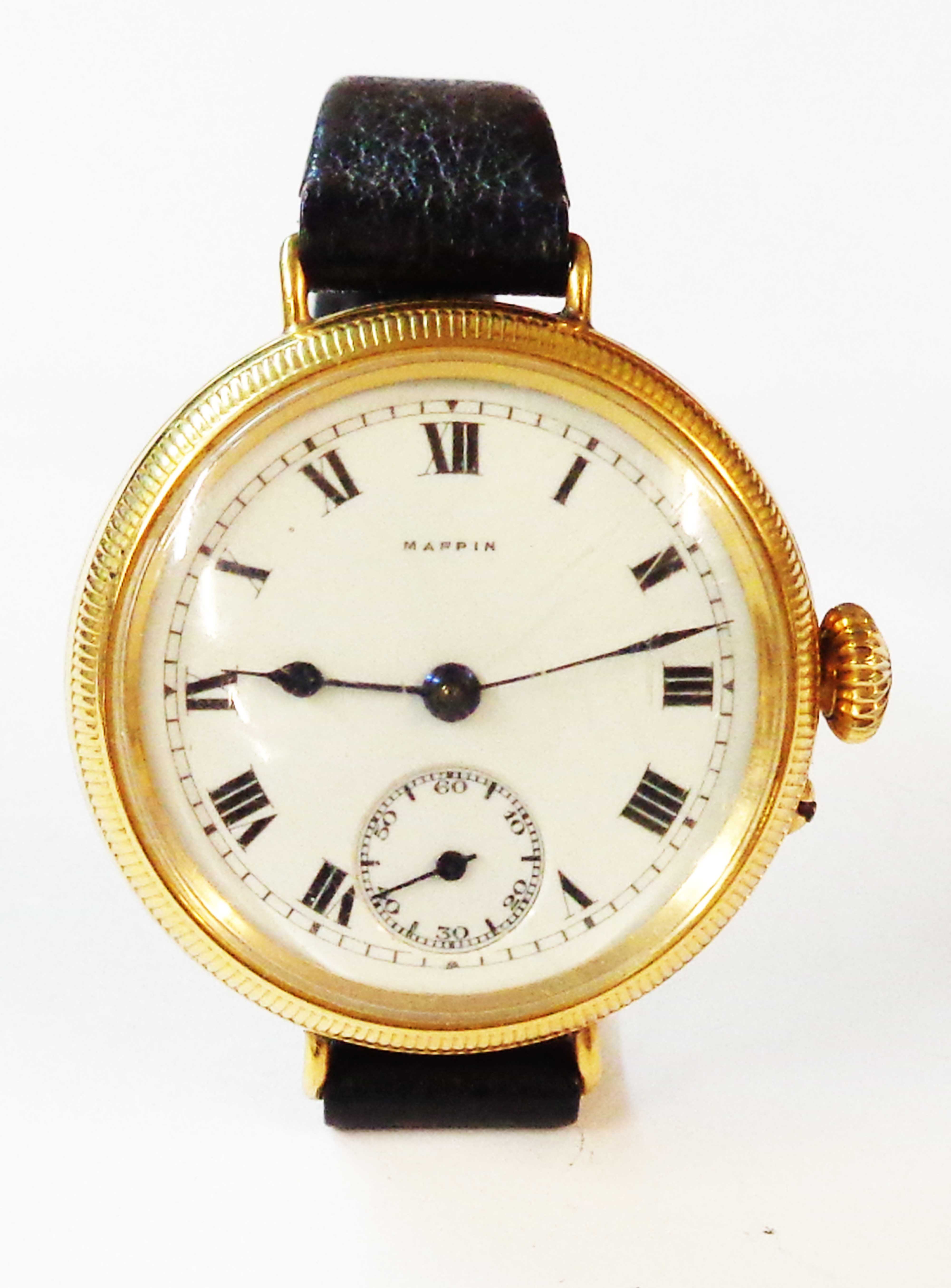 An 18ct.gold cased Mappin & Webb gentleman's wristwatch with Roman numerals, seconds dial and