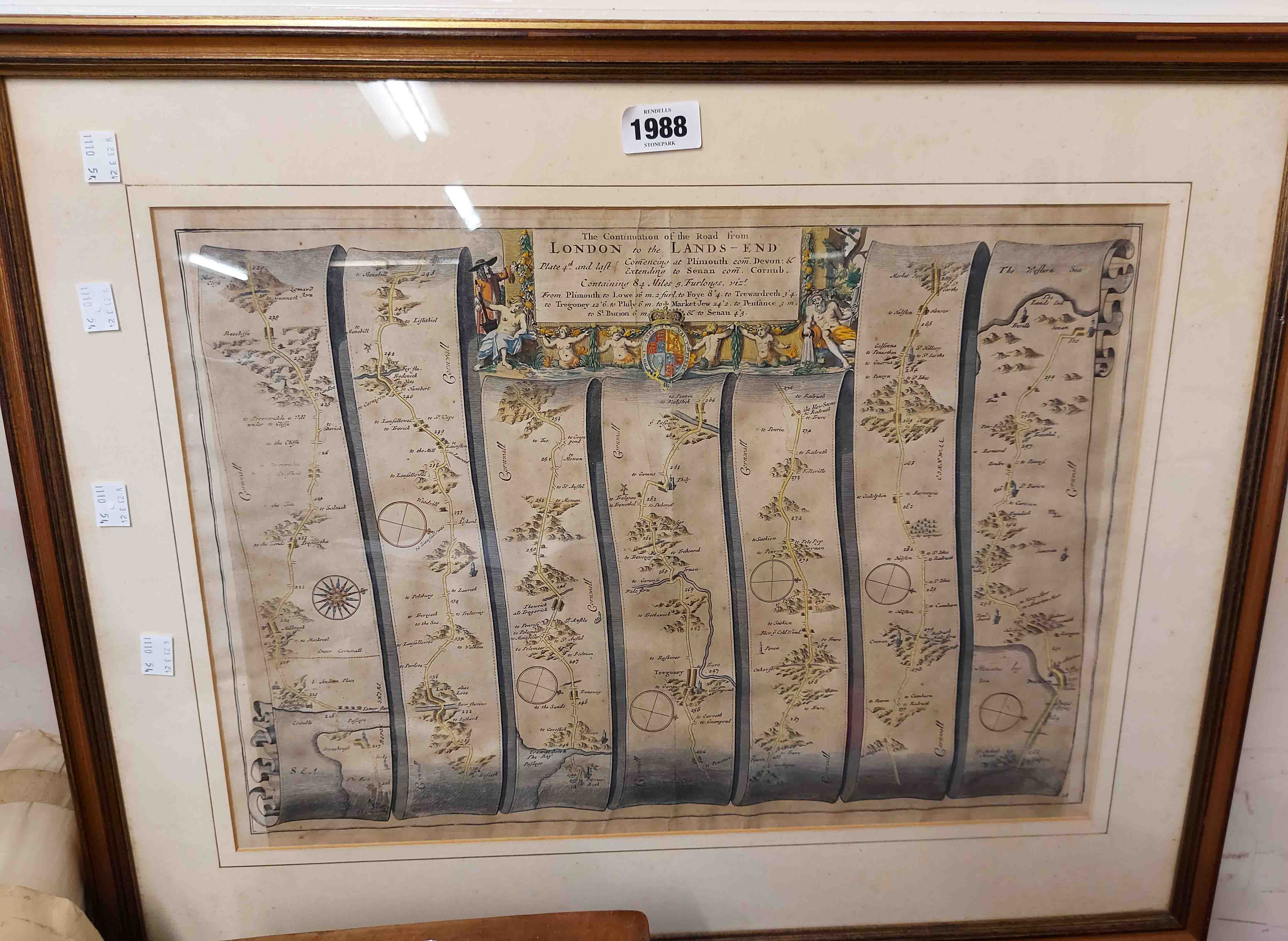 A gilt framed large format route map print 'London to Lands-End by John Ogilby - bearing Harrods