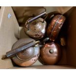 A box containing two copper kettles, two copper hot water bottles, etc.