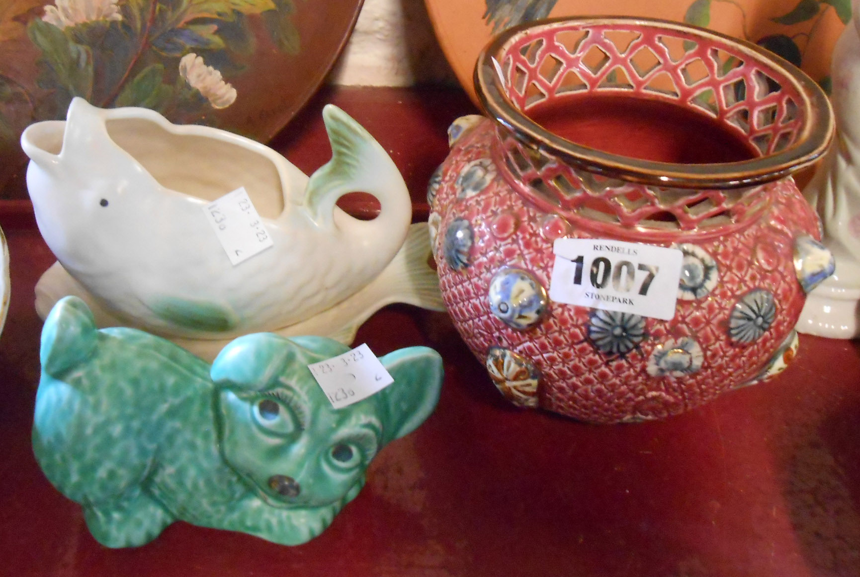 A small selection of ceramic items comprising SylvaC puppy (1646), Shorter & Son fish pattern