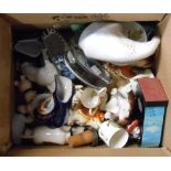 A small box containing a quantity of crested items, animal figurines, etc.