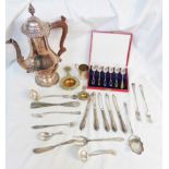 A box containing a quantity of silver plated items, silver handled knives and shoehorn and a