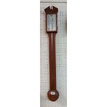 A vintage walnut and strung cased stick barometer with silvered scale and central mercury tube