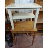 A modern teak effect side table - sold with a painted wood two tier tea table