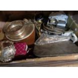 A box containing a quantity of silver plated items including cutlery, trays, rose bowl, etc.