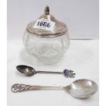 A silver topped cut glass preserve pot with associated silver spoon - sold with a silver souvenir