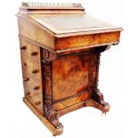 A 56cm Victorian figured walnut Davenport with brass gallery to lift-top compartment, drawer