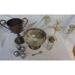 A quantity of silver plated items including twin branch three light candelabrum, trophy cup, etc.