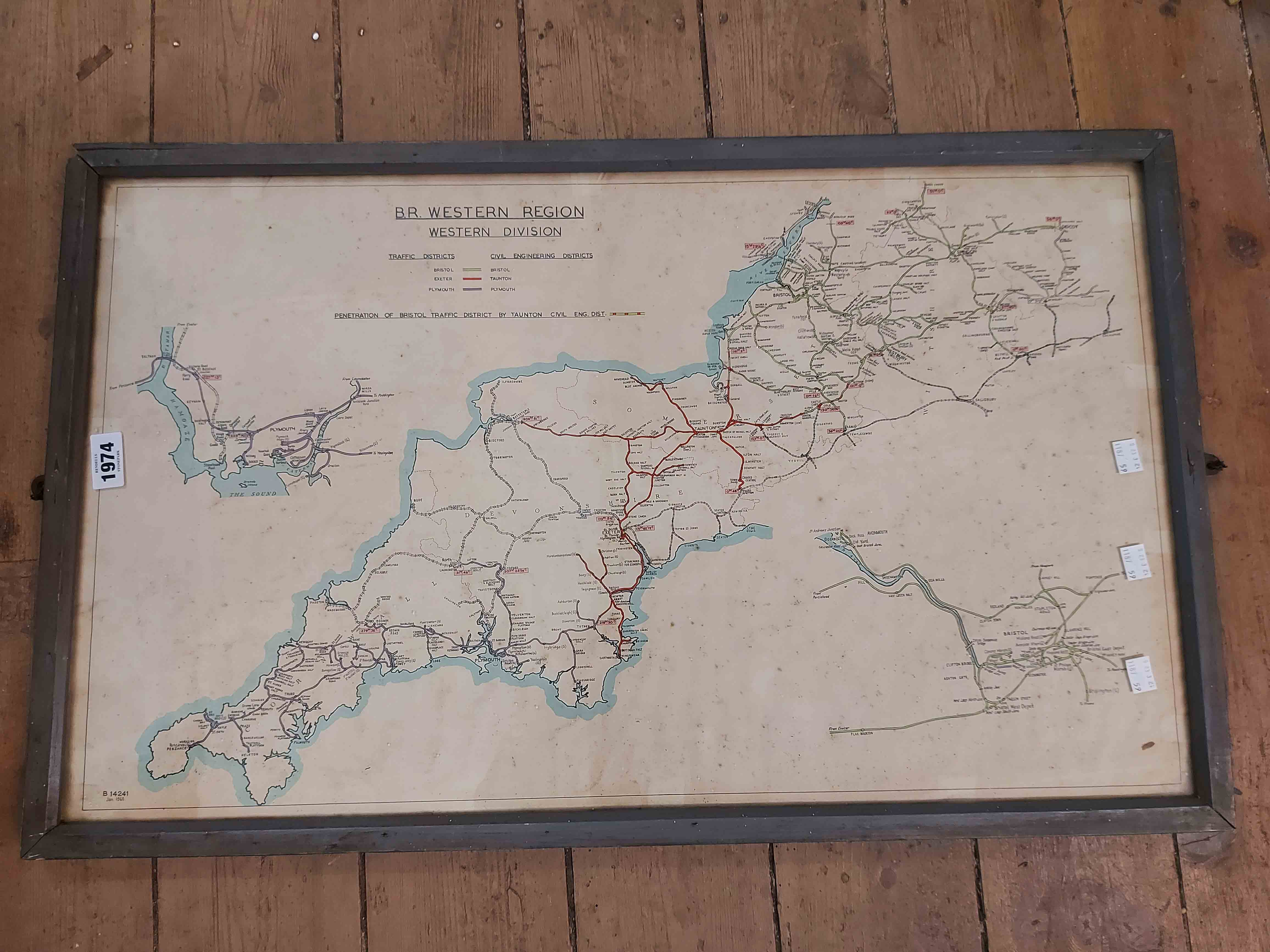 A framed vintage 1960 British Rail, Western Region, Western Division' railway map - B 14241