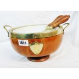 A silver plated mounted oak footed salad bowl with ceramic liner and pair of servers to match -