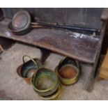 A quantity of assorted metalware including coal scuttles, warming pans, etc.