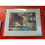 A framed watercolour, depicting a cottage exterior wall with shutters, blue pot and bench -