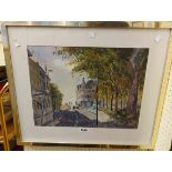 Torres Burboa: a metal framed watercolour, depicting a street scene in Redditch - signed and