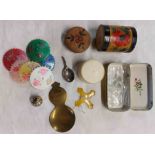 A bag containing a quantity of collectable items including blown glass swan set, painted tin, etc.