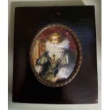 A modern portrait miniature on resin panel, depicting an Elizabethan seated female figure - marked