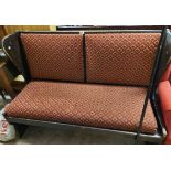 A 1.37m vintage stained mixed wood public house wingback settle with repeat diamond pattern tapestry