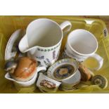 A small crate containing a quantity of ceramic items including Portmeirion Botanic Garden jug, pot