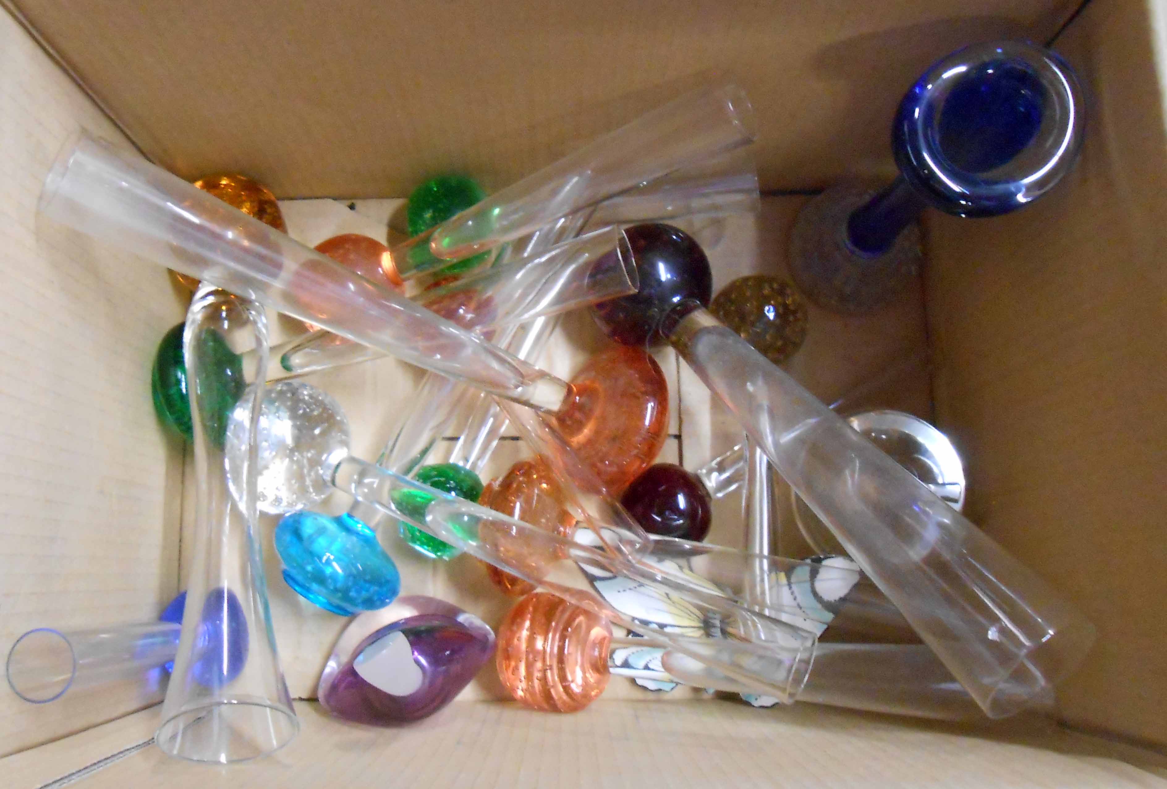 A box containing a quantity of assorted glassware including bud vases, Langham glass apple