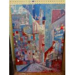 Julie Norman: an unframed abstract oil on board, depicting city buildings - signed JN and signed