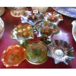 Seven pieces of Carnival glass of various makers including Northwood with bon bon dishes, etc.