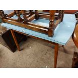 A 1.04m 1960's sky blue formica topped kitchen table with frieze drawer, set on splayed moulded