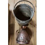 An old brass coal bucket with embossed decoration - sold with an old copper measure jug