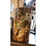 A wooden tree trunk form table lamp with hand painted barn owl and rosehip decoration - signature