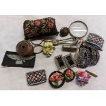 A bag containing a quantity of collectable items including antique paste set shoe buckles,