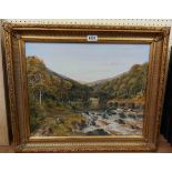 Bill Waugh: a gilt framed oil on canvas, depicting a river landscape with fisherman - signed -