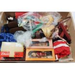 A box containing a quantity of old costume and other dolls, puppets, etc.