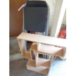 A pair of modern folding stools - sold with a quantity of modern woodgrain effect shelves