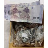 A box containing a quantity of GB and world coinage - sold with a small quantity of banknotes