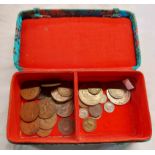 A Chinese textile covered box containing a small quantity of GB coinage including 1937 Crown, etc.