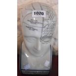 A modern ceramic phrenology head with black decoration on crackle glaze ground