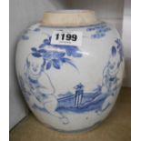 An antique Chinese porcelain ginger jar with hand painted decoration depicting figures in a