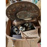 Two boxes containing a quantity of assorted metalware including candlesticks, door knockers,