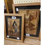 Two framed African collage pictures with natural materials, one a figure, the other figures before