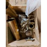 A box containing a quantity of brass and other metalware including pair of trench art shell case