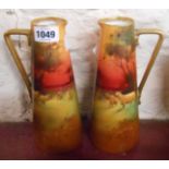 Harry Nixon: a pair of Doulton Burslem bone china jugs of tall cylindrical form, each hand painted